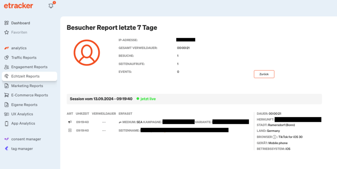 OMT Tool Testbericht eTracker Echtzeit Reports Session