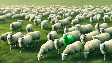DALL-E Bild mit Schafsherde - mitte rechts ein grünes Schaf