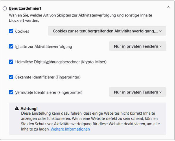 Benutzerdefinierter Modus in Firefox