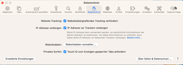 Datenschutz Einstellung in Safari