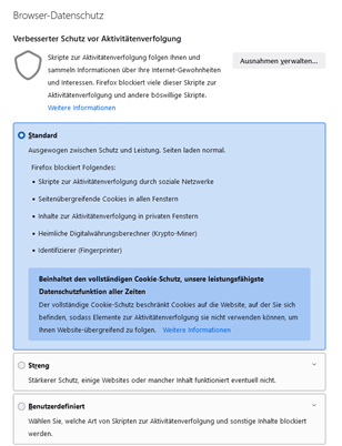 Einstellungen zum Cookie Handling in Firefox