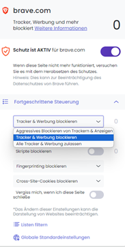 Tracking Prevention Optionen in Brave Browser