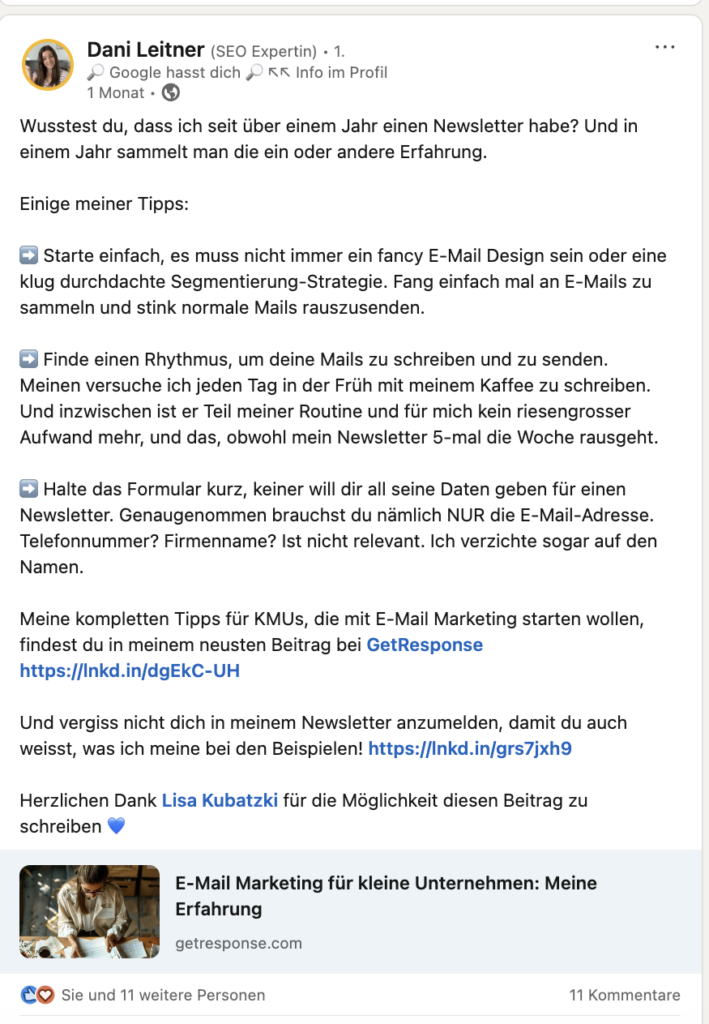 LinkedIn Dani Leitner – Dani hat einen SEO Newsletter, den sie täglich verschickt