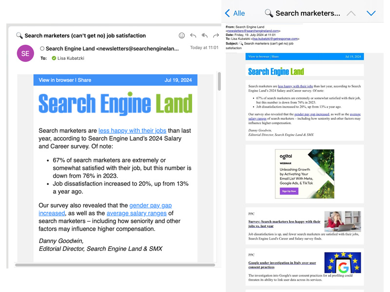 Bildquelle: Eigener Posteingang, Newsletter von Search Engine Land in der Desktop und Mobil-Version