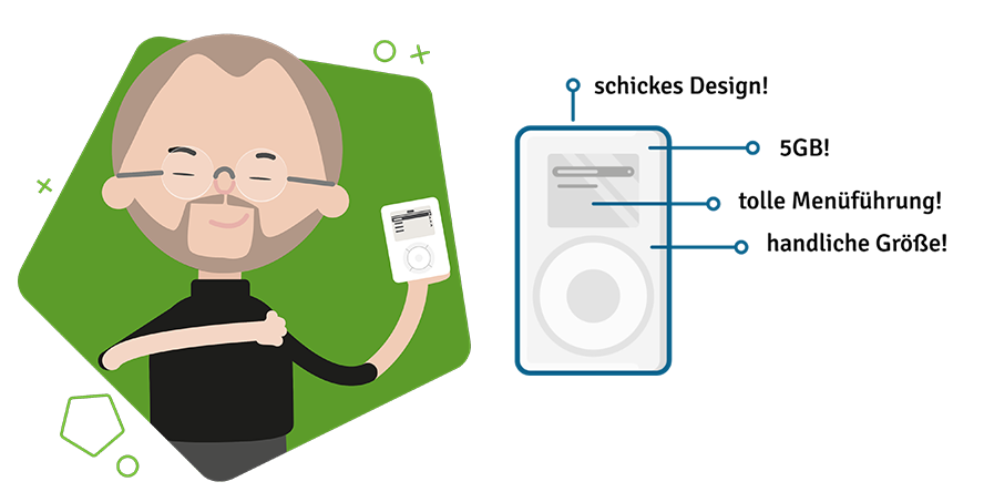 Illustration von Steve Jobs, der ein Iphone in der linken Hand hält