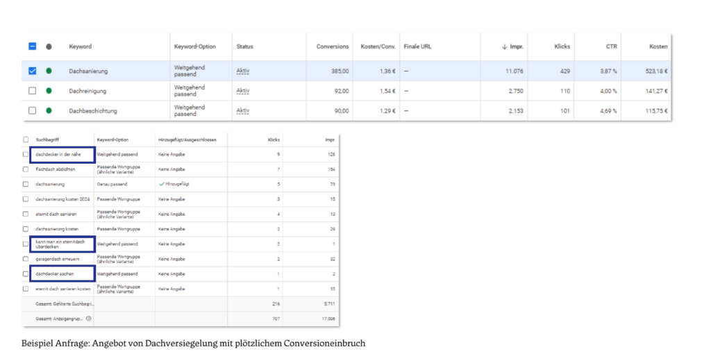 Google Ads Audit Beispiel mit Anfrage.