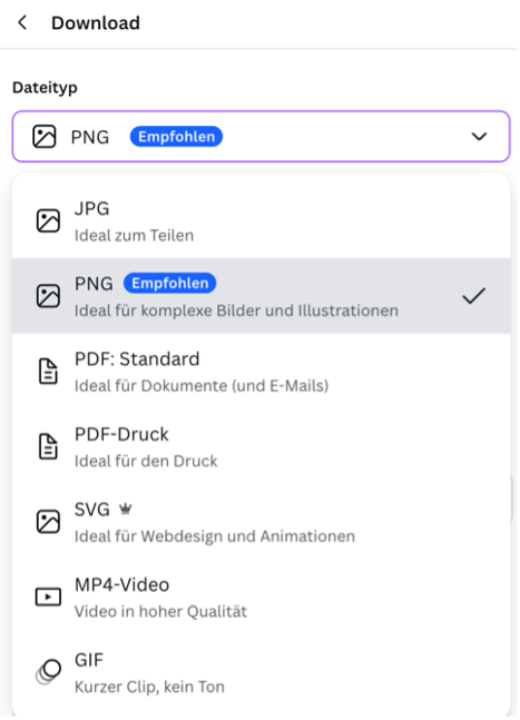 Die Download-Funktionen auf Canva.