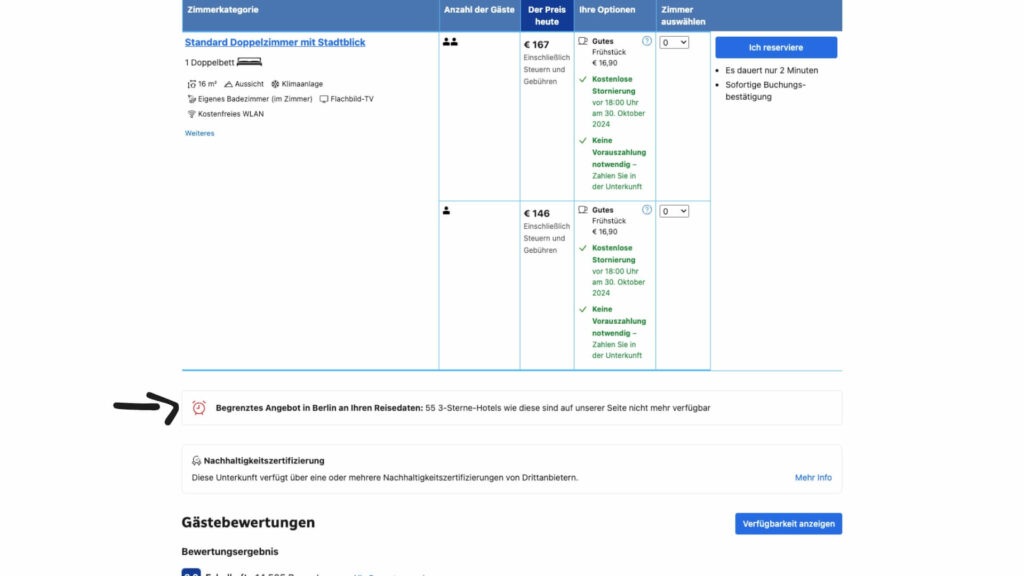 Booking.com verweist auf das begrenzte Angebot in der Region und an den Reisedaten