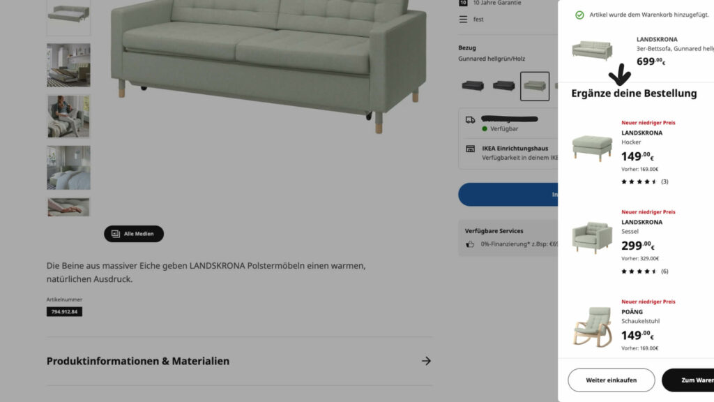 IKEA schlägt ergänzende Artikel zur Bestellung vor