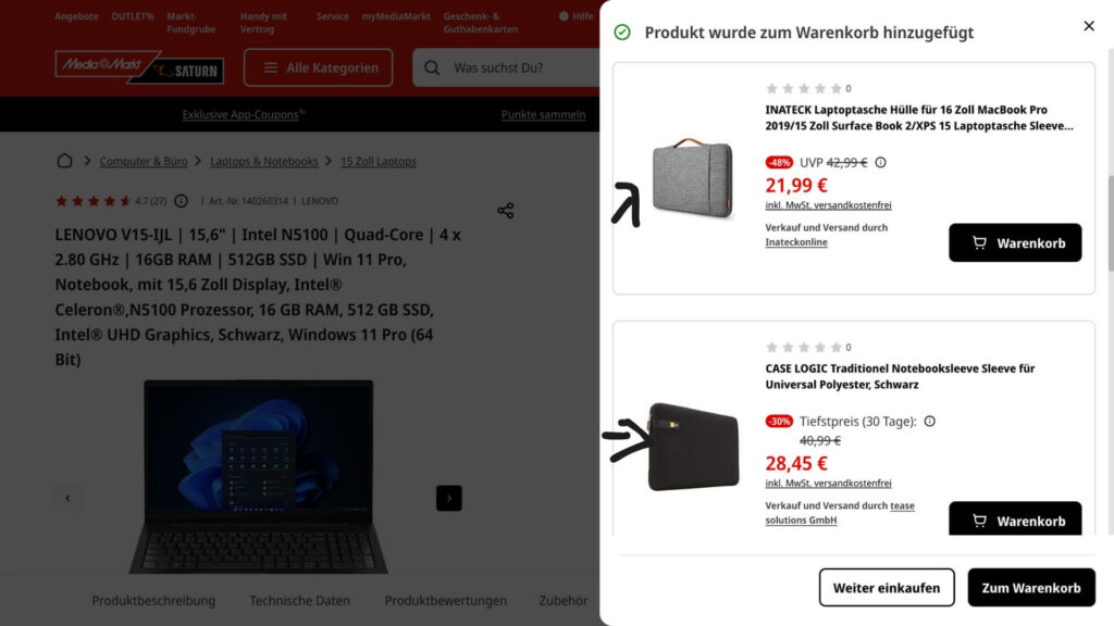 MediaMarkt bietet Laptoptaschen zum Warenkorb-Produkt Laptop an 