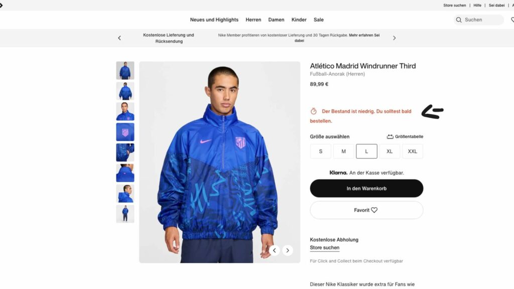 Nike verweist auf den niedrigen Bestand und auf eine Dringlichkeit der Bestellung hin