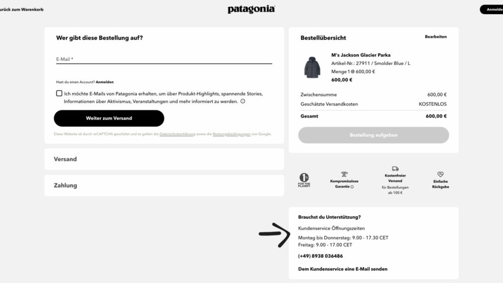 Patagonia bietet im Checkout die Möglichkeit an den Kundenservice zu erreichen