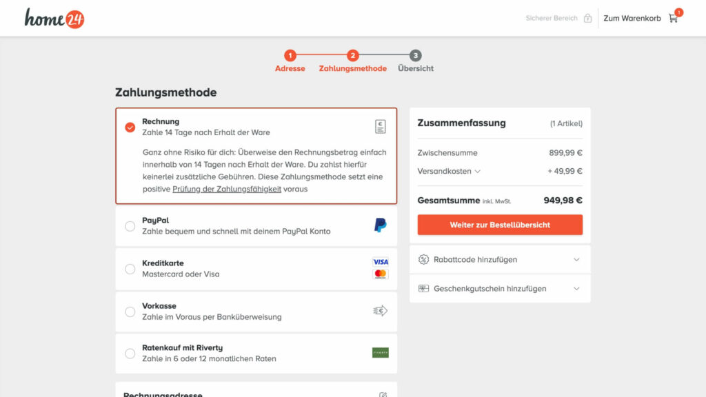 Home24 bietet die Finanzierungsmöglichkeit im Checkout an