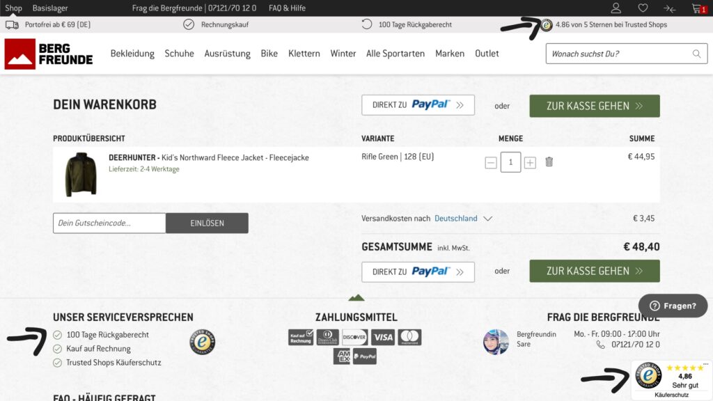 Bergfreunde zeigt offensiv Trustpilot-Bewertungen und-Siegel im Checkout | Lucas Lang.