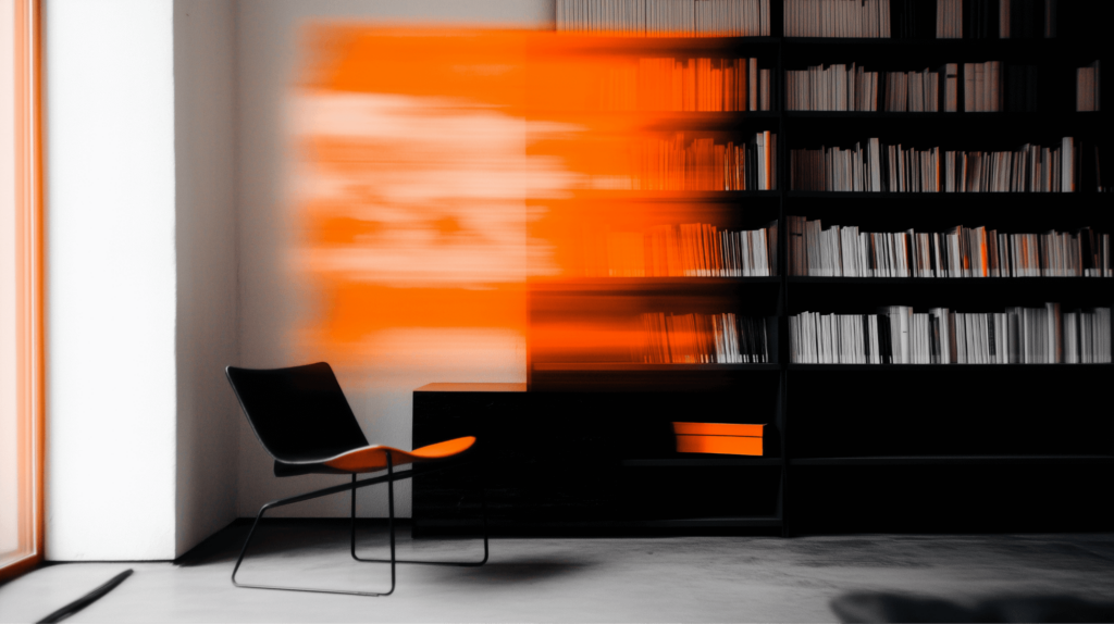 Foto von Bibliothek mit Sessel mit orangem Motion-Blur Effekt.