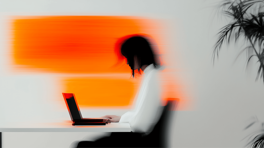 Foto von Person in weißem Shirt an Arbeitsplatz mit Laptop mit orangem Motion-Blur Effekt. 